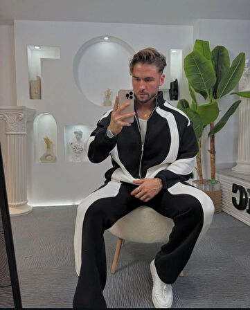 Leonard Black White Baggy Kalıp Pamuklu Relax Fit  Basic Erkek Takım Eşofman 