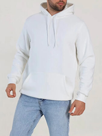 Hardy Beyaz Üç İplik Şardonlu Yarım Ovirsize Basic Kapüşonlu Erkek Sweatshirt
