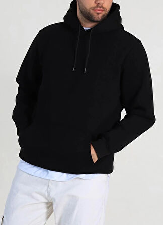 Hardy Siyah Üç İplik Şardonlu Yarım Ovirsize Basic Kapüşonlu Erkek Sweatshirt