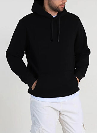 Hardy Siyah Üç İplik Şardonlu Yarım Ovirsize Basic Kapüşonlu Erkek Sweatshirt