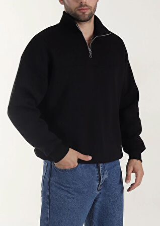 Lowell Siyah Yarım Fermuar İçi Pamuklu Üç İplik Şardonlu Basic Erkek Sweatshirt