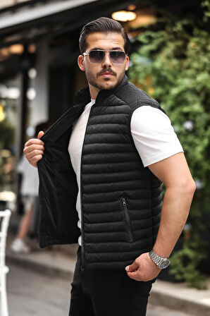 Cyrus Erkek Standart Fit Dik Yaka Cepli Fermuarlı Siyah Şişme Yelek