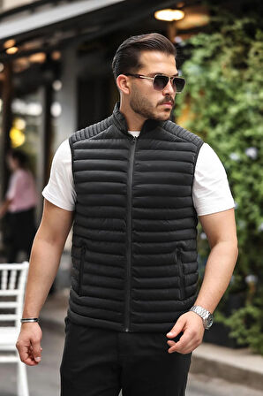 Cyrus Erkek Standart Fit Dik Yaka Cepli Fermuarlı Siyah Şişme Yelek