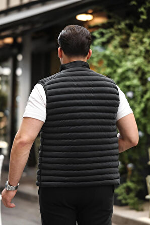 Cyrus Erkek Standart Fit Dik Yaka Cepli Fermuarlı Siyah Şişme Yelek