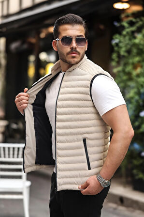 Cyrus Erkek Standart Fit Normal Kesim Bej Dik Yaka Fermuarlı Şişme Yelek