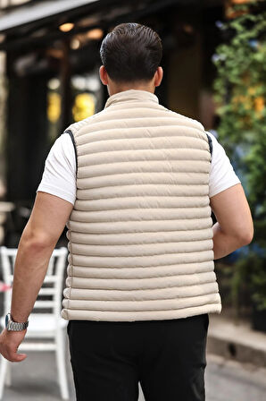 Cyrus Erkek Standart Fit Normal Kesim Bej Dik Yaka Fermuarlı Şişme Yelek