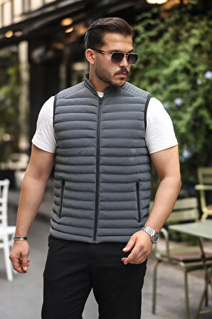 Cyrus Erkek Standart Fit Normal Kesim Füme Dik Yaka Fermuarlı Şişme Yelek