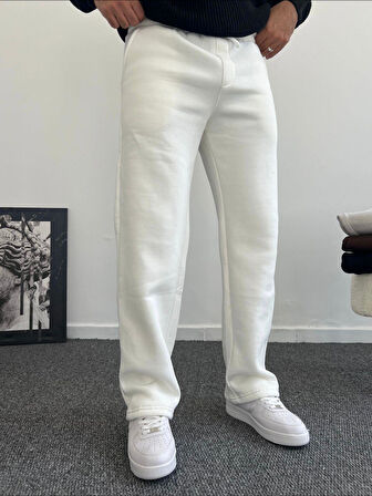 Felix Beyaz Beli Lastikli Baggy Kalıp 3 İplik Şardonlu Yumuşak Erkek Eşofman Altı