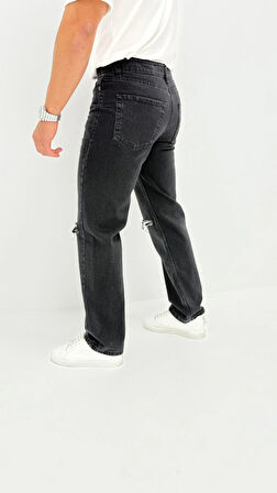Atlanta Jean Street Yıkamalı Kot Kuzguni Siyah Diz Yırtık Baggy Denim Erkek Pantolon