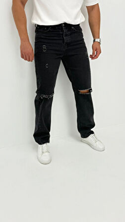 Atlanta Jean Street Yıkamalı Kot Kuzguni Siyah Diz Yırtık Baggy Denim Erkek Pantolon