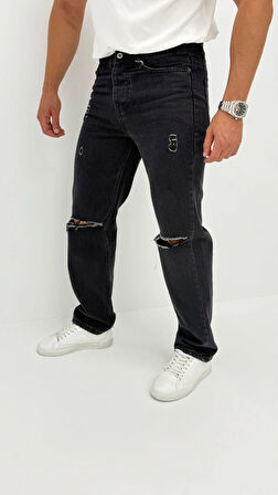 Atlanta Jean Street Yıkamalı Kot Kuzguni Siyah Diz Yırtık Baggy Denim Erkek Pantolon