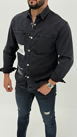 Jayden Classic Denim Black Dıgıtal Baskılı Vintage Jean Erkek Gömlek 
