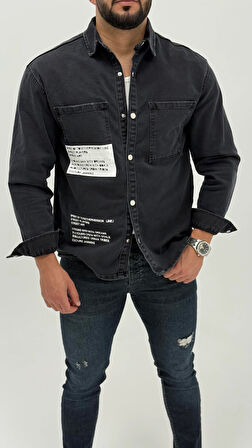 Jayden Classic Denim Black Dıgıtal Baskılı Vintage Jean Erkek Gömlek 