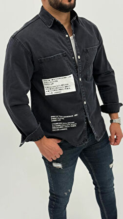 Jayden Classic Denim Black Dıgıtal Baskılı Vintage Jean Erkek Gömlek 