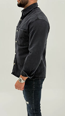 Jayden Classic Denim Black Dıgıtal Baskılı Vintage Jean Erkek Gömlek 