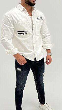 Michael Kot Baskılı Denim Cepli Comfort Jean Erkek Gömlek