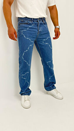 Chain Baggy Denim Orta Mavi Lazer Bakılı Erkek Jean Pantolon