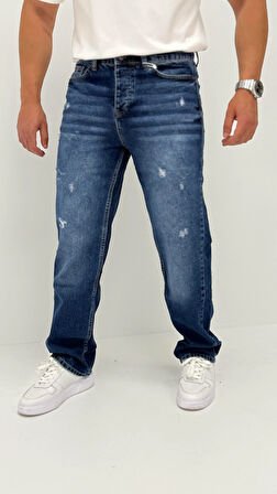 Edna Baggy Denim Koyu Mavi Lazer Detaylı Jean Pantolon