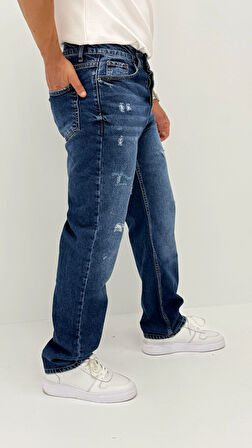 Edna Baggy Denim Koyu Mavi Lazer Detaylı Jean Pantolon