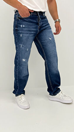 Edna Baggy Denim Koyu Mavi Lazer Detaylı Jean Pantolon