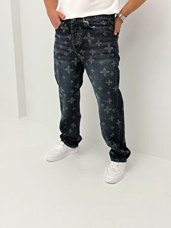 Hope Baggy Denim Koyu Mavi Lazer Baskı Detaylı Erkek Jean Pantolon