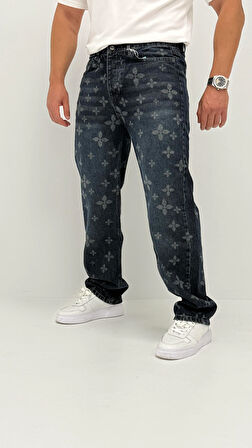 Hope Baggy Denim Koyu Mavi Lazer Baskı Detaylı Erkek Jean Pantolon