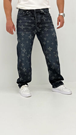 Hope Baggy Denim Koyu Mavi Lazer Baskı Detaylı Erkek Jean Pantolon