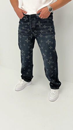 Hope Baggy Denim Koyu Mavi Lazer Baskı Detaylı Erkek Jean Pantolon