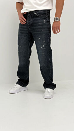 Nora Baggy Denim Koyu Mavi Lazer Detaylı Erkek Jean Pantolon