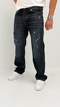 Nora Baggy Denim Koyu Mavi Lazer Detaylı Erkek Jean Pantolon
