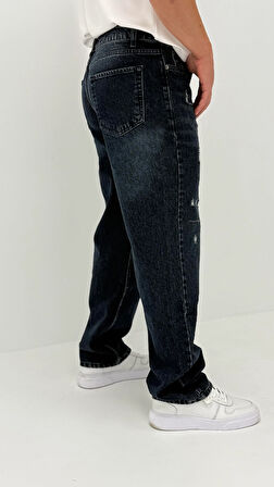 Nora Baggy Denim Koyu Mavi Lazer Detaylı Erkek Jean Pantolon