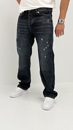 Nora Baggy Denim Koyu Mavi Lazer Detaylı Erkek Jean Pantolon