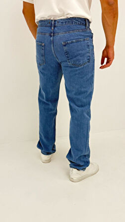 Chain Baggy Denim Orta Mavi Lazer Bakılı Erkek Jean Pantolon