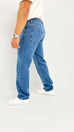 Chain Baggy Denim Orta Mavi Lazer Bakılı Erkek Jean Pantolon