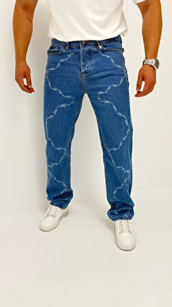 Chain Baggy Denim Orta Mavi Lazer Bakılı Erkek Jean Pantolon
