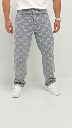 Aden Baggy Denim Açık Gri Lazer Detaylı Erkek Jean Pantolon