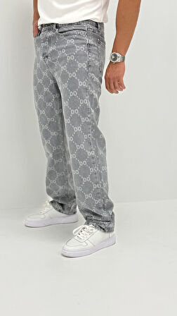 Aden Baggy Denim Açık Gri Lazer Detaylı Erkek Jean Pantolon