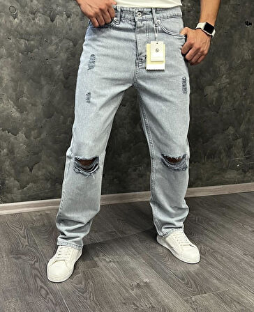 Allen Baggy Denim Açık Mavi Diz Yırtıklı Erkek Jean Pantolon