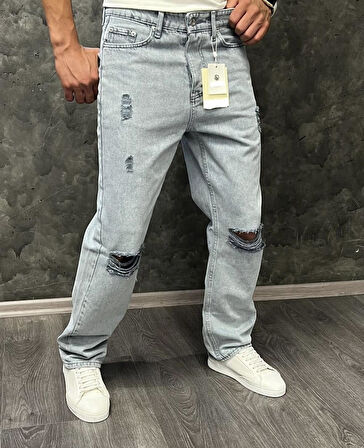 Allen Baggy Denim Açık Mavi Diz Yırtıklı Erkek Jean Pantolon