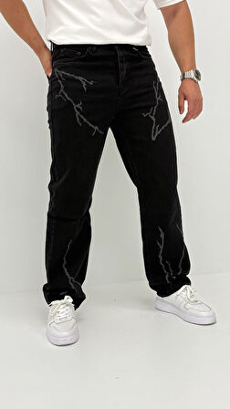 Arlo Baggy Denim Siyah Lazer Baskılı Erkek Jean Pantolon