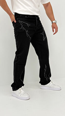 Arlo Baggy Denim Siyah Lazer Baskılı Erkek Jean Pantolon