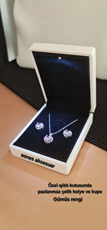 Işıklı Kutusunda Çelik  Kolye ve Küpe
