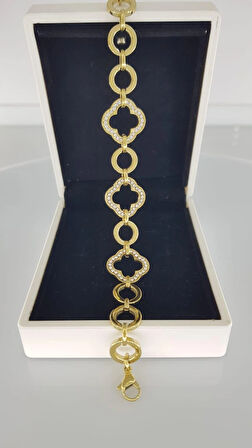 Yonca Taşlı Gold Çelik Bileklik