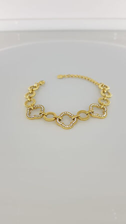 Yonca Taşlı Gold Çelik Bileklik