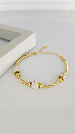 Taşlı Gösterişli Zincir Gold Çelik Bileklik