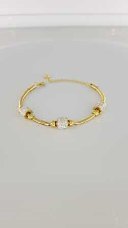 Taşlı Gösterişli Zincir Gold Çelik Bileklik