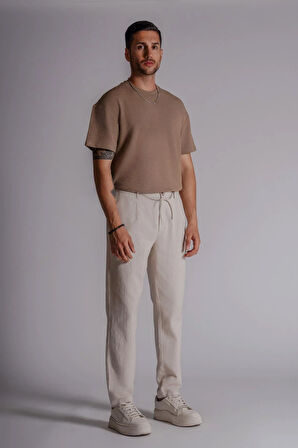 Erkek Yandan Cepli Beli Lastikli Keten Karışımlı Relaxed Fit Bej