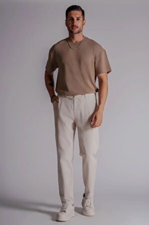 Erkek Yandan Cepli Beli Lastikli Keten Karışımlı Relaxed Fit Bej