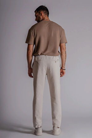 Erkek Yandan Cepli Beli Lastikli Keten Karışımlı Relaxed Fit Bej
