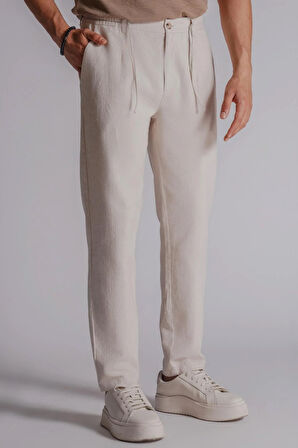 Erkek Yandan Cepli Beli Lastikli Keten Karışımlı Relaxed Fit Bej